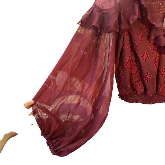 NWT Free people Life's A Party Blouse Wine‎ Red Burgundy Size XS Lace Sheer - Picture 4 of 13
